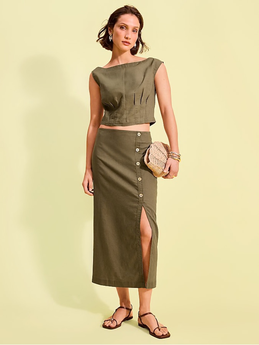 Olive linen 6P two-piece crop top and Midi Skirt set nwt Ann Taylor